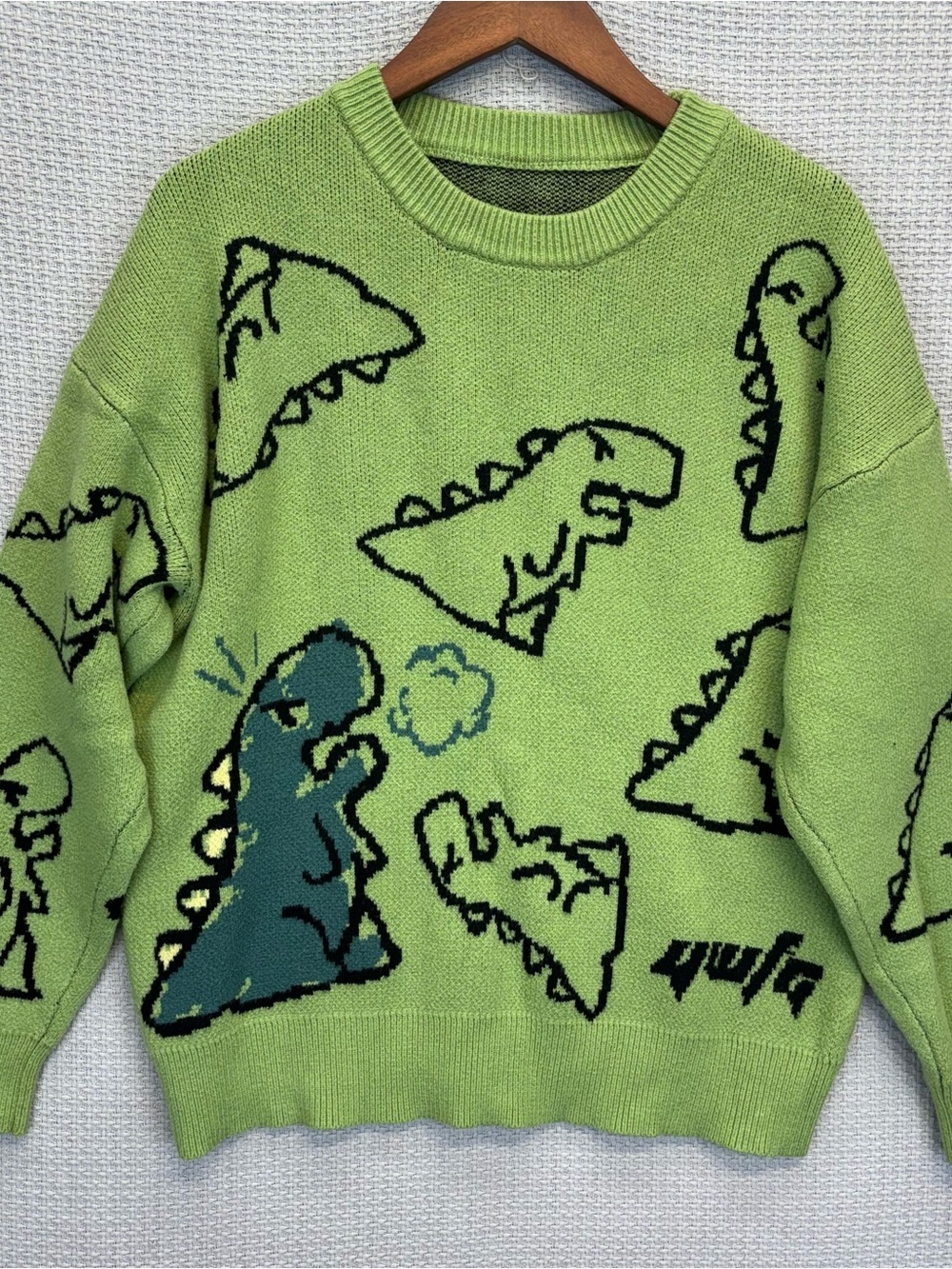 Aelfric Eden Sweater Unisex Large Green Dino T-Rex Knit Heavyweight Dinosaur Y2K